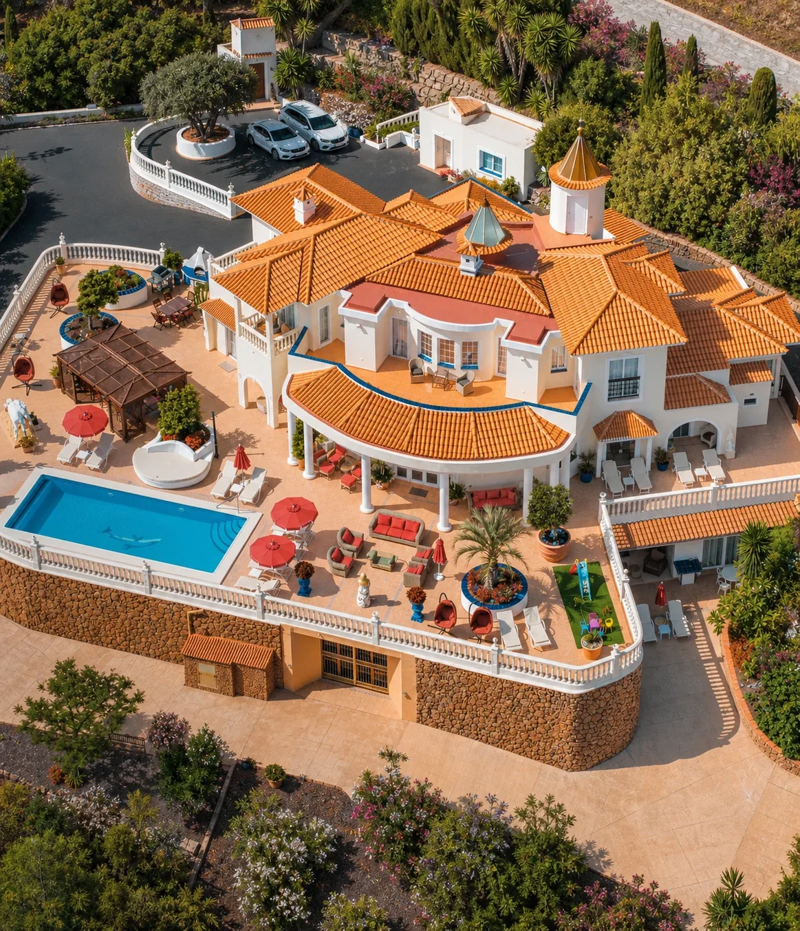 Aerial view of a villa with a pool and gardens.